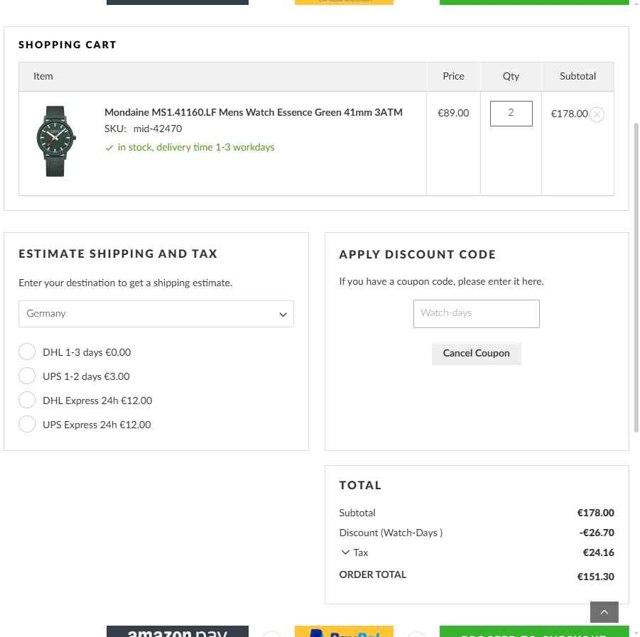 Timeshop24 checkout page showing Timeshop24 coupon code box | Screenshot taken by SimplyCodes community member on Jul 14, 2025