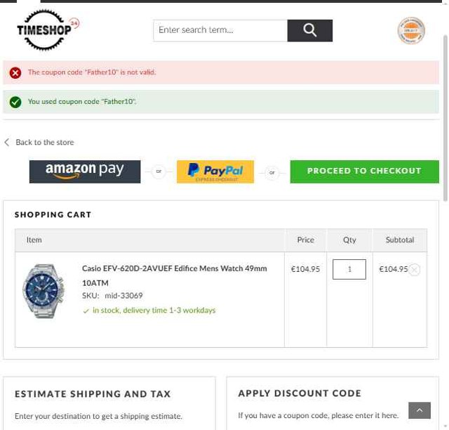 Timeshop24 checkout page showing Timeshop24 coupon code box | Screenshot taken by SimplyCodes community member on Jul 19, 2025
