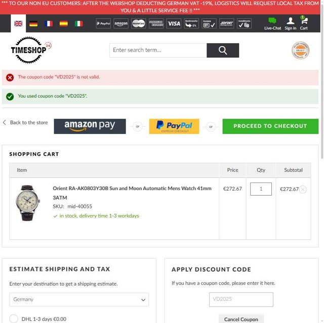Timeshop24 checkout page showing Timeshop24 coupon code box | Screenshot taken by SimplyCodes community member on Aug 18, 2025
