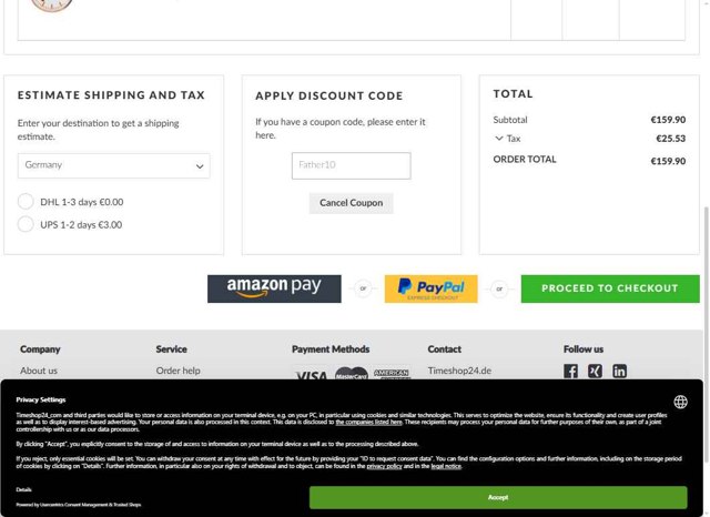 Timeshop24 checkout page showing Timeshop24 coupon code box | Screenshot taken by SimplyCodes community member on Jul 19, 2025