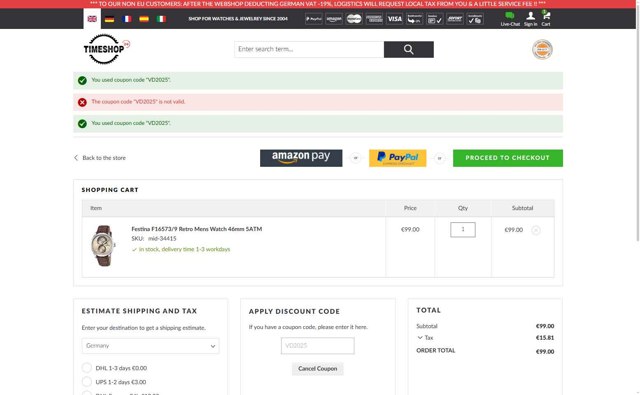 Timeshop24 checkout page showing Timeshop24 coupon code box | Screenshot taken by SimplyCodes community member on Jul 29, 2025