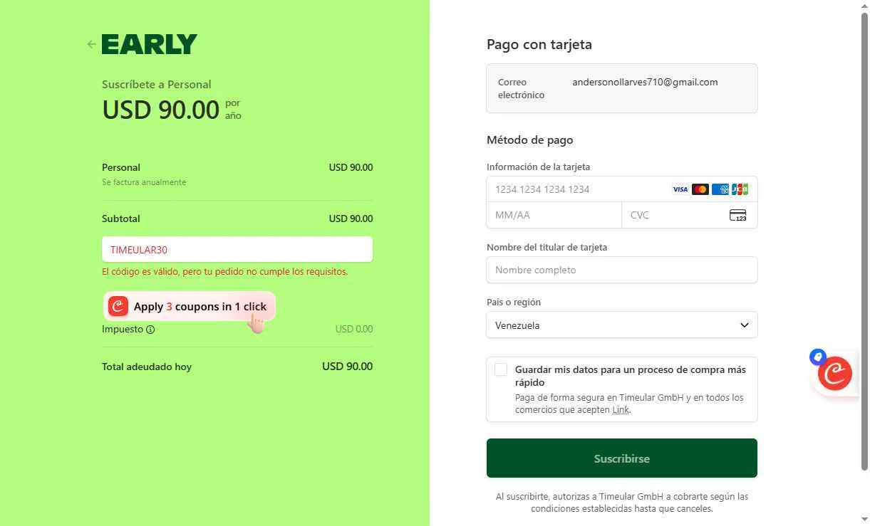Timeular checkout page showing Timeular promo code box | Screenshot taken by SimplyCodes community member on Oct 20, 2025