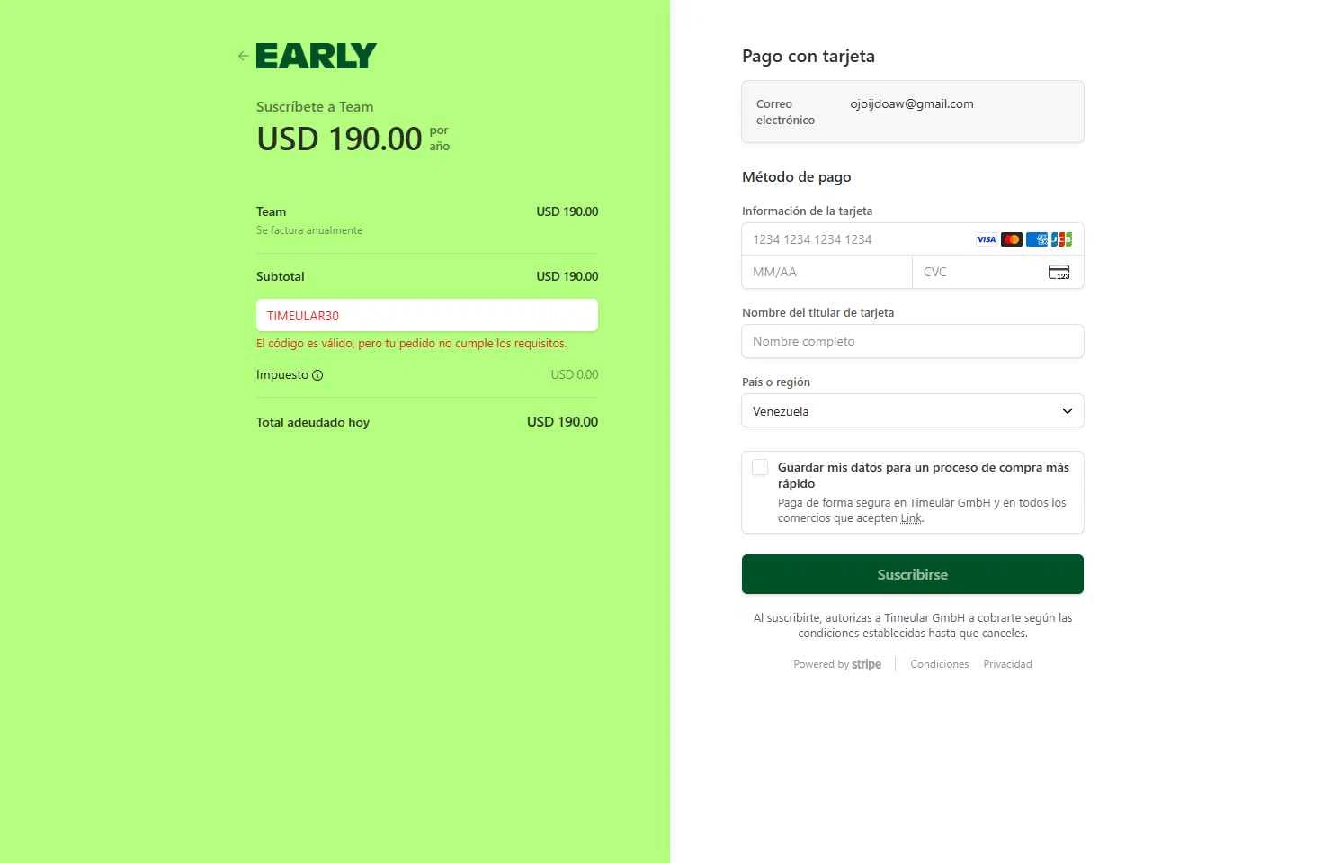 Timeular checkout page showing Timeular promo code box | Screenshot taken by SimplyCodes community member on Sep 19, 2025