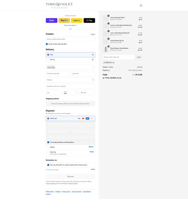 Timo & Violet checkout page showing Timo & Violet promo code box | Screenshot taken by SimplyCodes community member on Sep 12, 2025