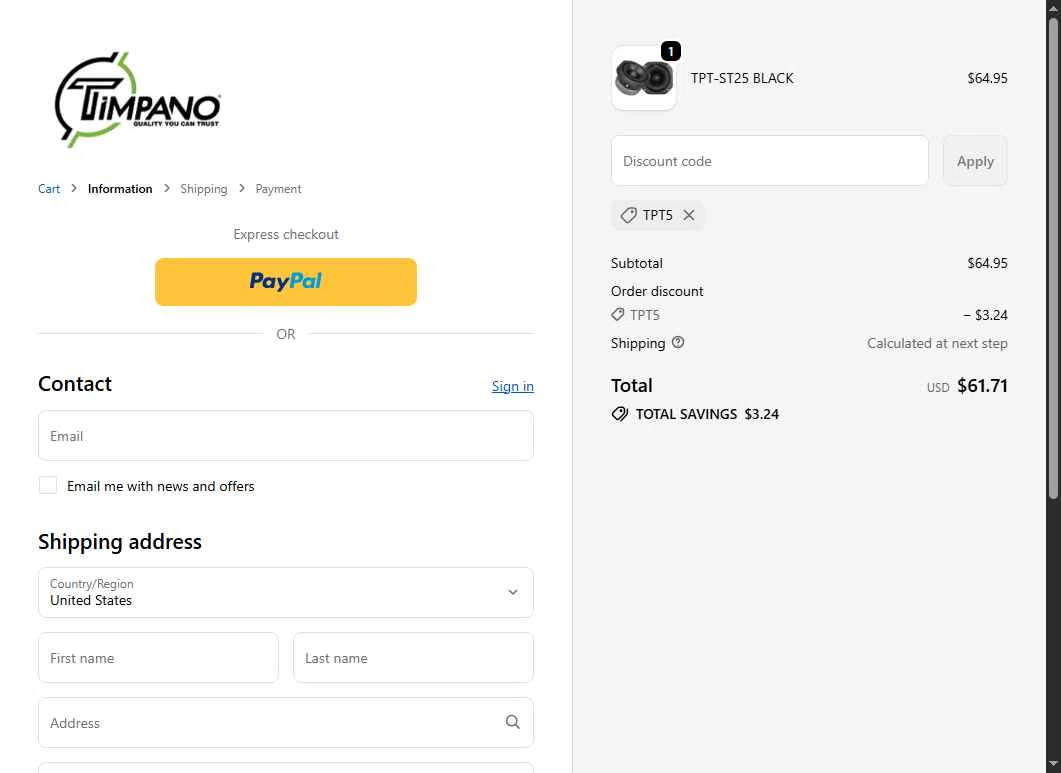 Timpano Audio checkout page showing Timpano Audio coupon code box | Screenshot taken by SimplyCodes community member on Jan 30, 2026