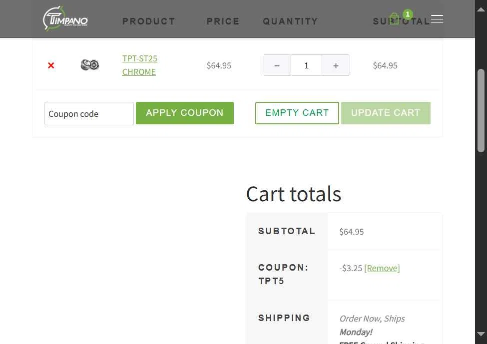Timpano Audio checkout page showing Timpano Audio coupon code box | Screenshot taken by SimplyCodes community member on Jun 9, 2025
