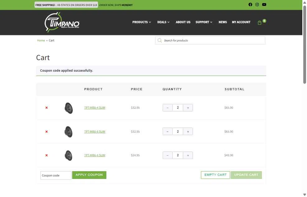 Timpano Audio checkout page showing Timpano Audio coupon code box | Screenshot taken by SimplyCodes community member on Jun 8, 2025
