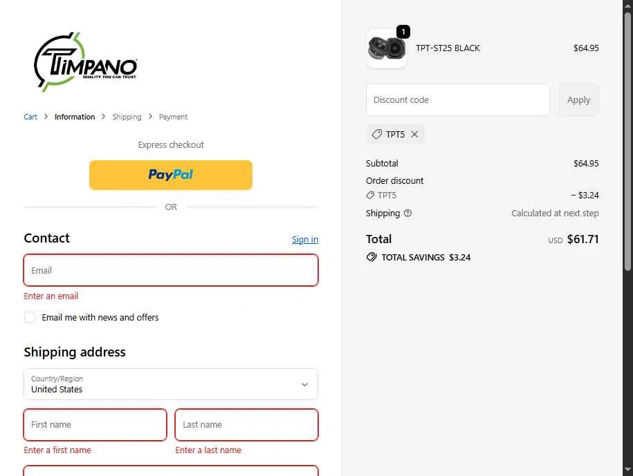 Timpano Audio checkout page showing Timpano Audio coupon code box | Screenshot taken by SimplyCodes community member on Jan 30, 2026