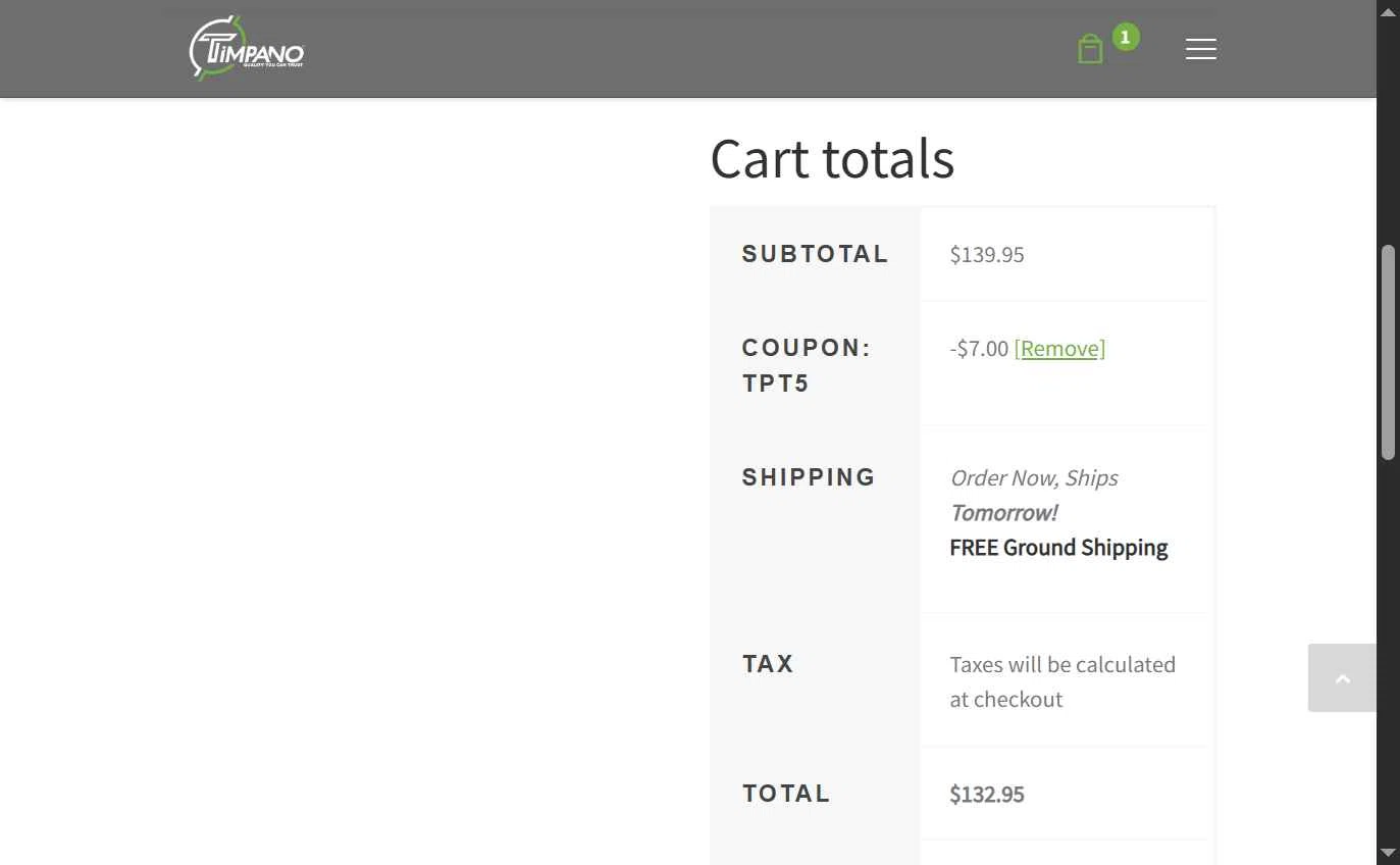 Timpano Audio checkout page showing Timpano Audio coupon code box | Screenshot taken by SimplyCodes community member on Sep 2, 2025