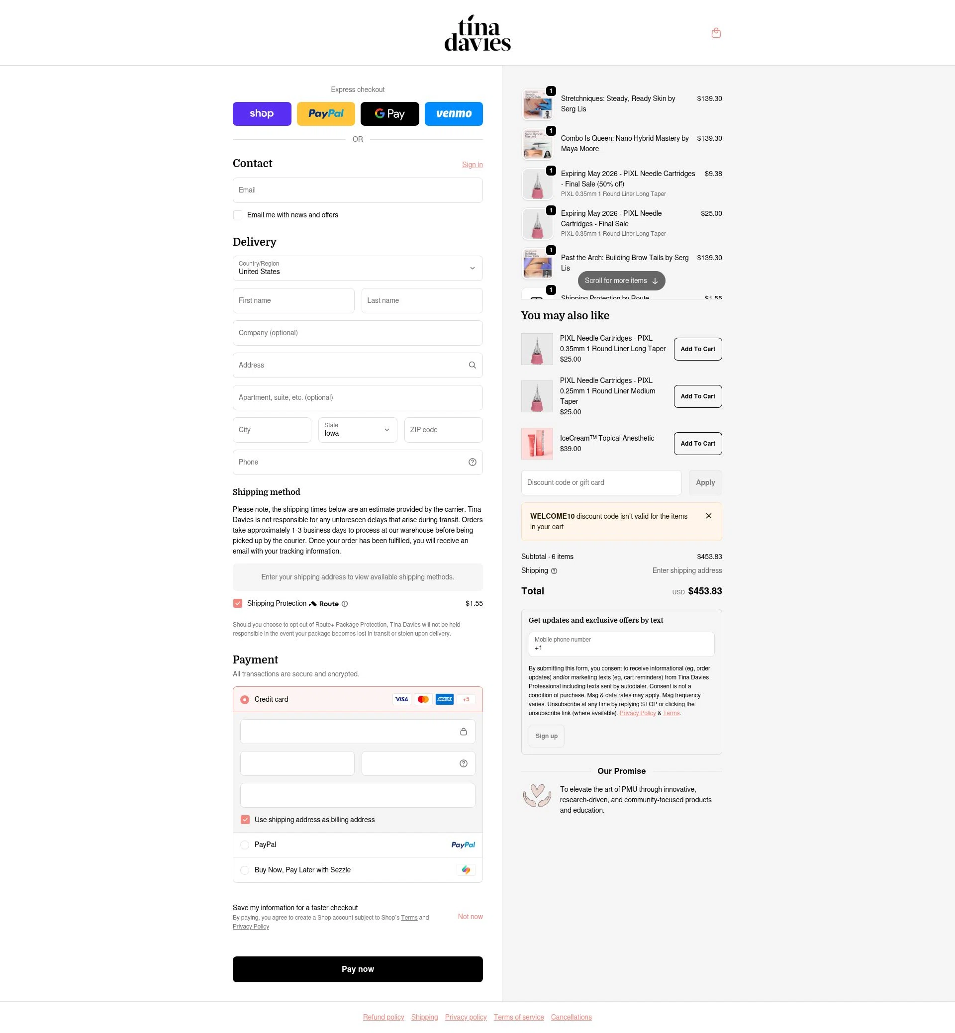 Tina Davies checkout page showing Tina Davies discount code box | Screenshot taken by SimplyCodes community member on Feb 16, 2026