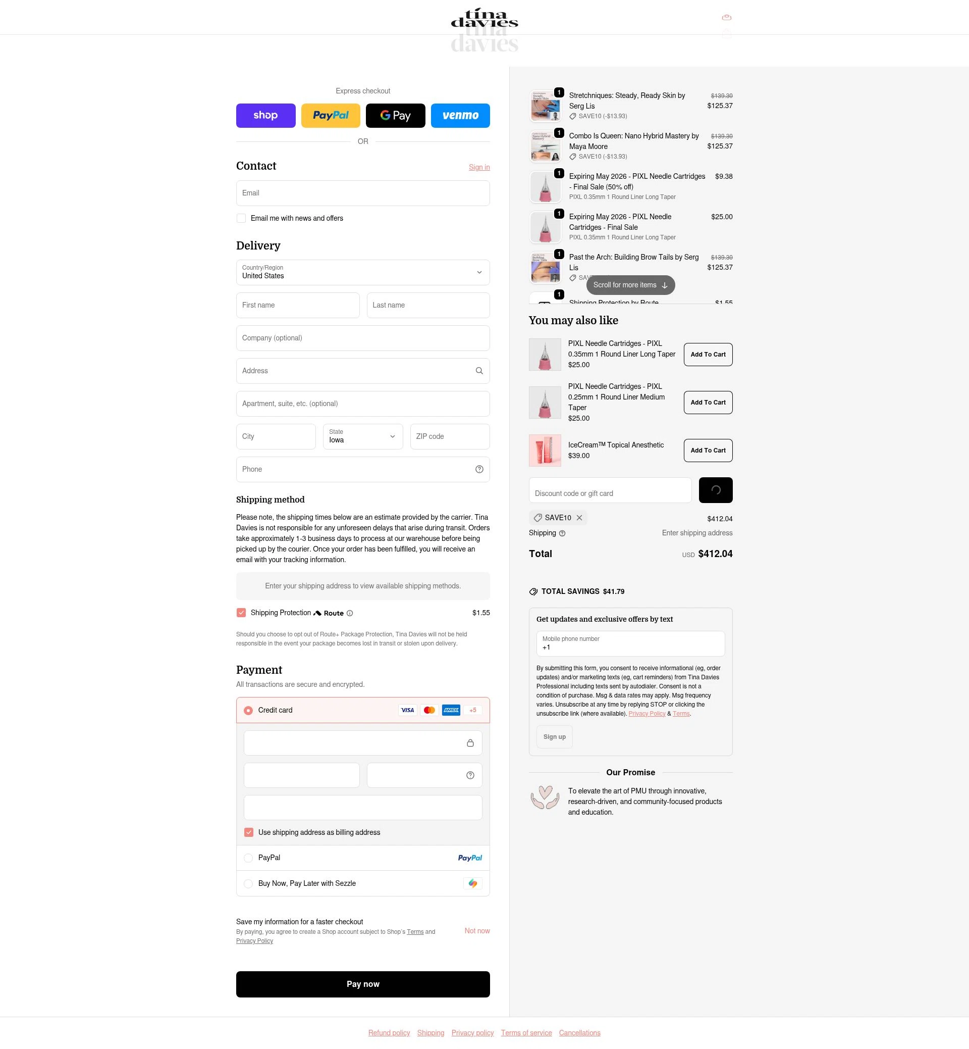 Tina Davies checkout page showing Tina Davies discount code box | Screenshot taken by SimplyCodes community member on Feb 16, 2026