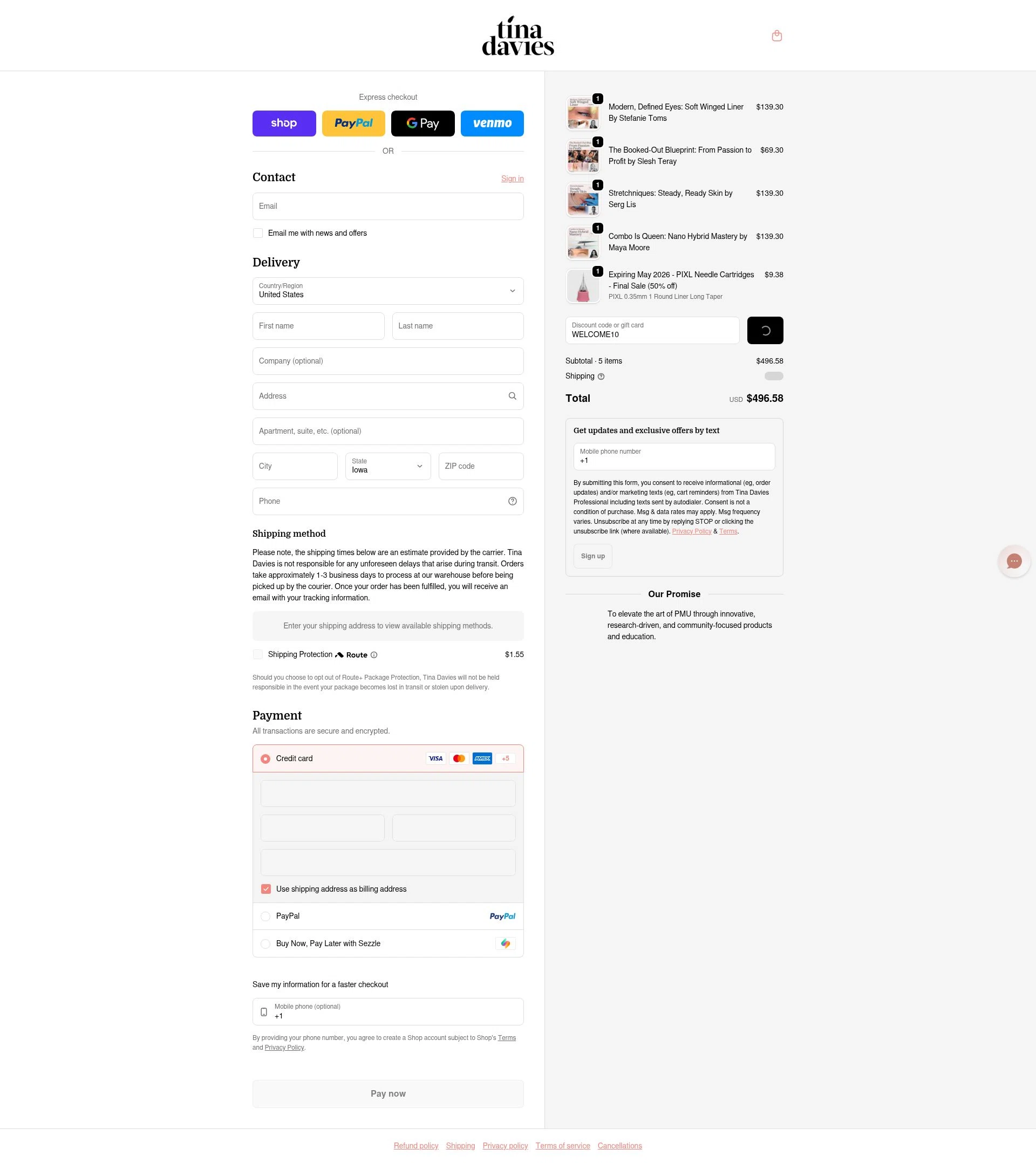 Tina Davies checkout page showing Tina Davies discount code box | Screenshot taken by SimplyCodes community member on Feb 21, 2026