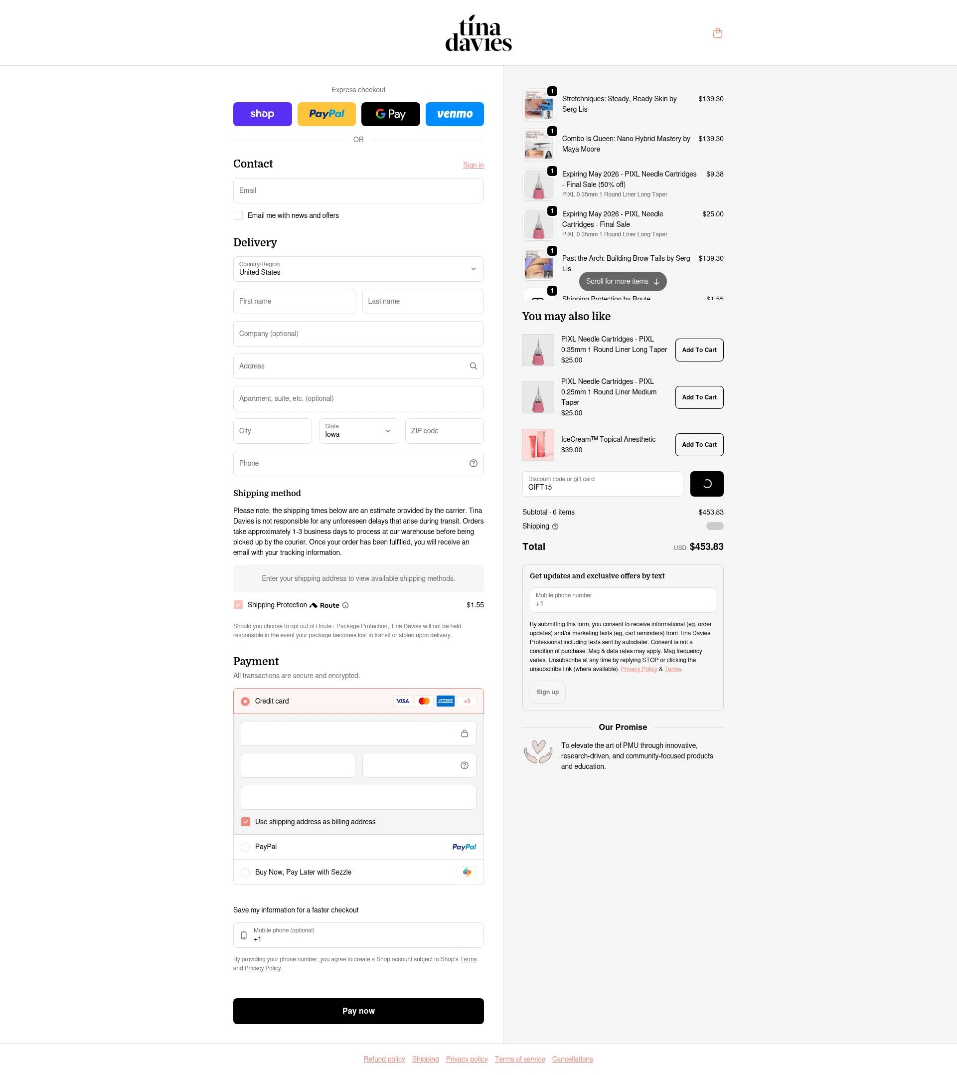 Tina Davies checkout page showing Tina Davies discount code box | Screenshot taken by SimplyCodes community member on Feb 10, 2026