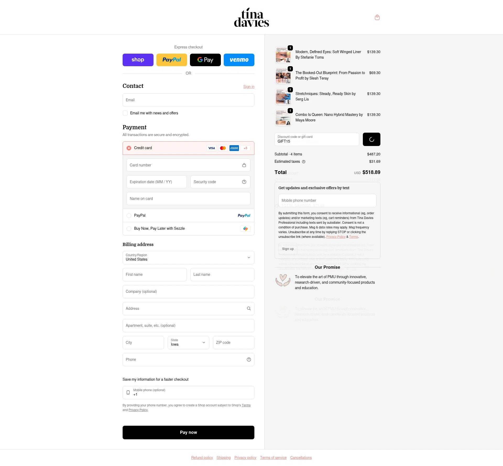 Tina Davies checkout page showing Tina Davies discount code box | Screenshot taken by SimplyCodes community member on Feb 21, 2026