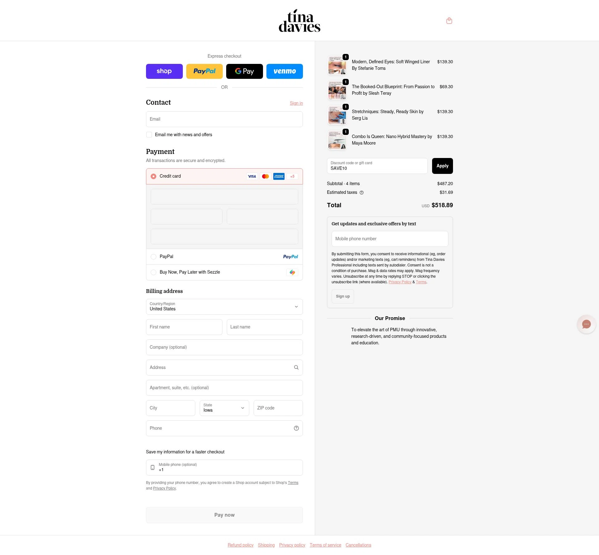 Tina Davies checkout page showing Tina Davies discount code box | Screenshot taken by SimplyCodes community member on Feb 21, 2026
