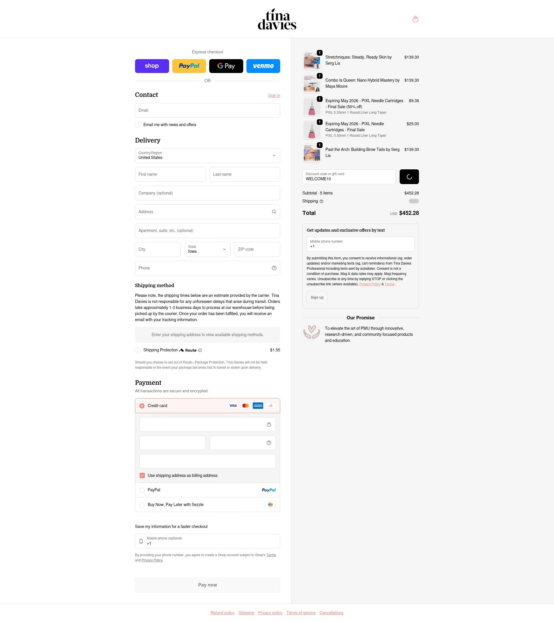 Tina Davies checkout page showing Tina Davies discount code box | Screenshot taken by SimplyCodes community member on Feb 12, 2026