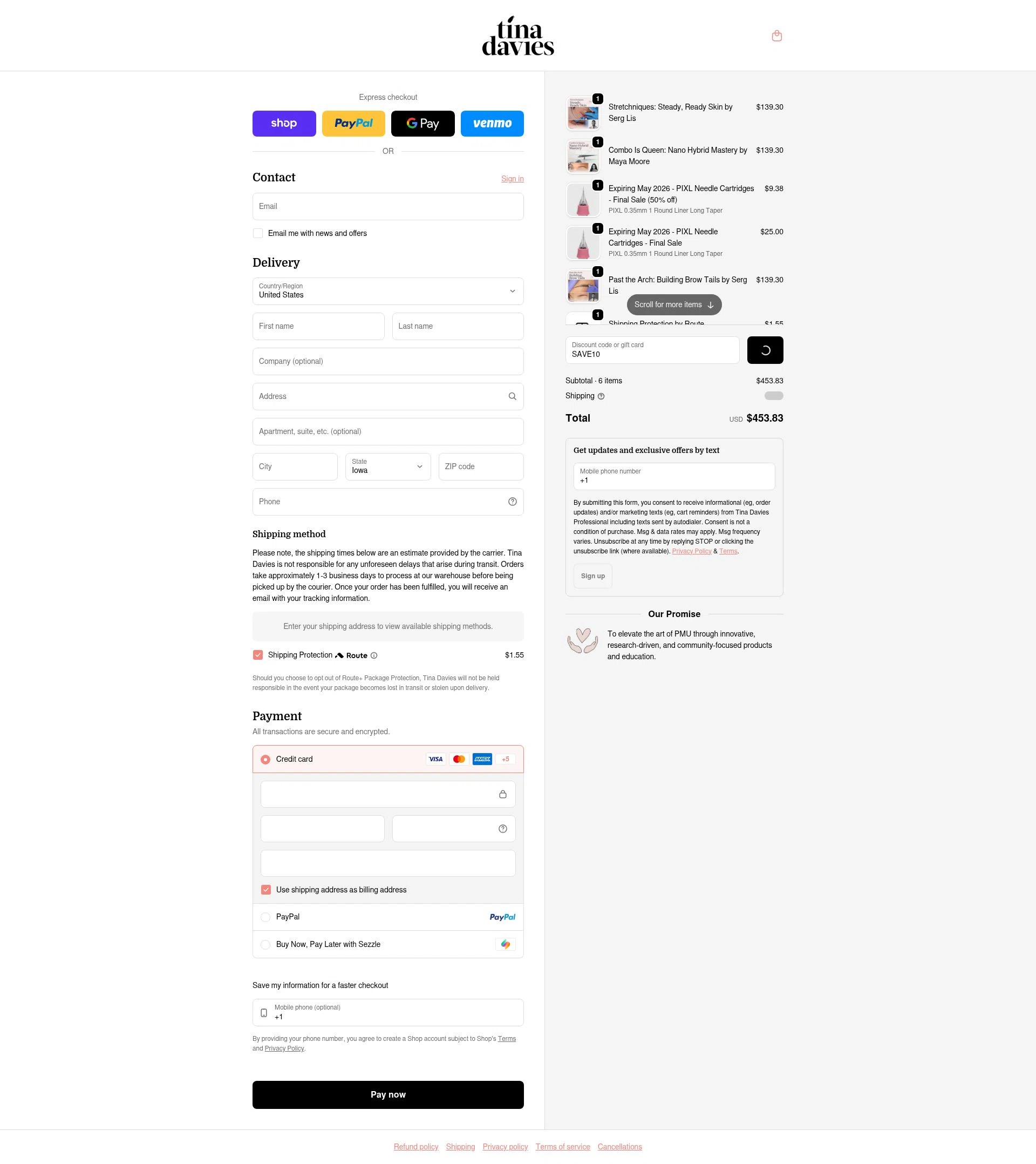 Tina Davies checkout page showing Tina Davies discount code box | Screenshot taken by SimplyCodes community member on Feb 12, 2026