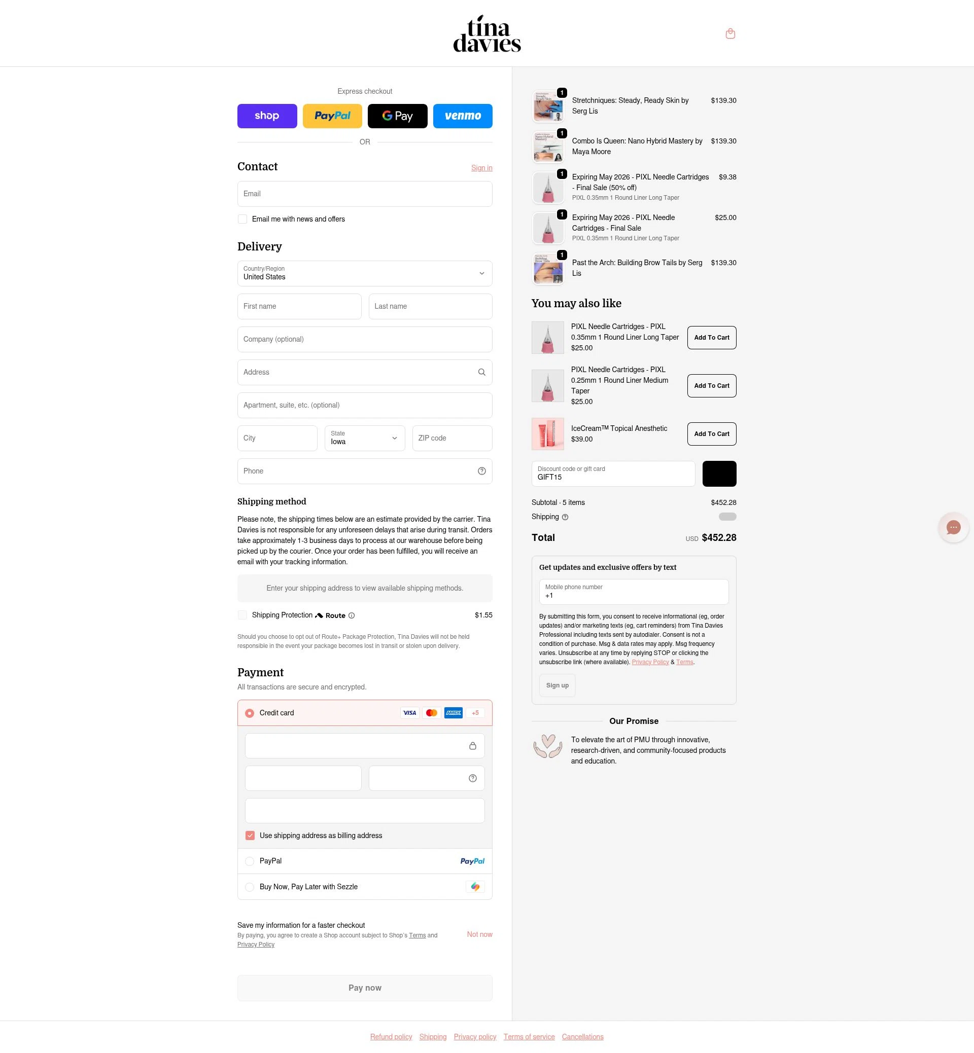 Tina Davies checkout page showing Tina Davies discount code box | Screenshot taken by SimplyCodes community member on Feb 16, 2026