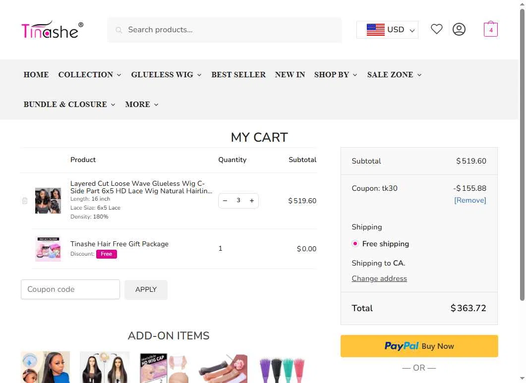 Tinashehair checkout page showing Tinashehair promo code box | Screenshot taken by SimplyCodes community member on Jan 3, 2026