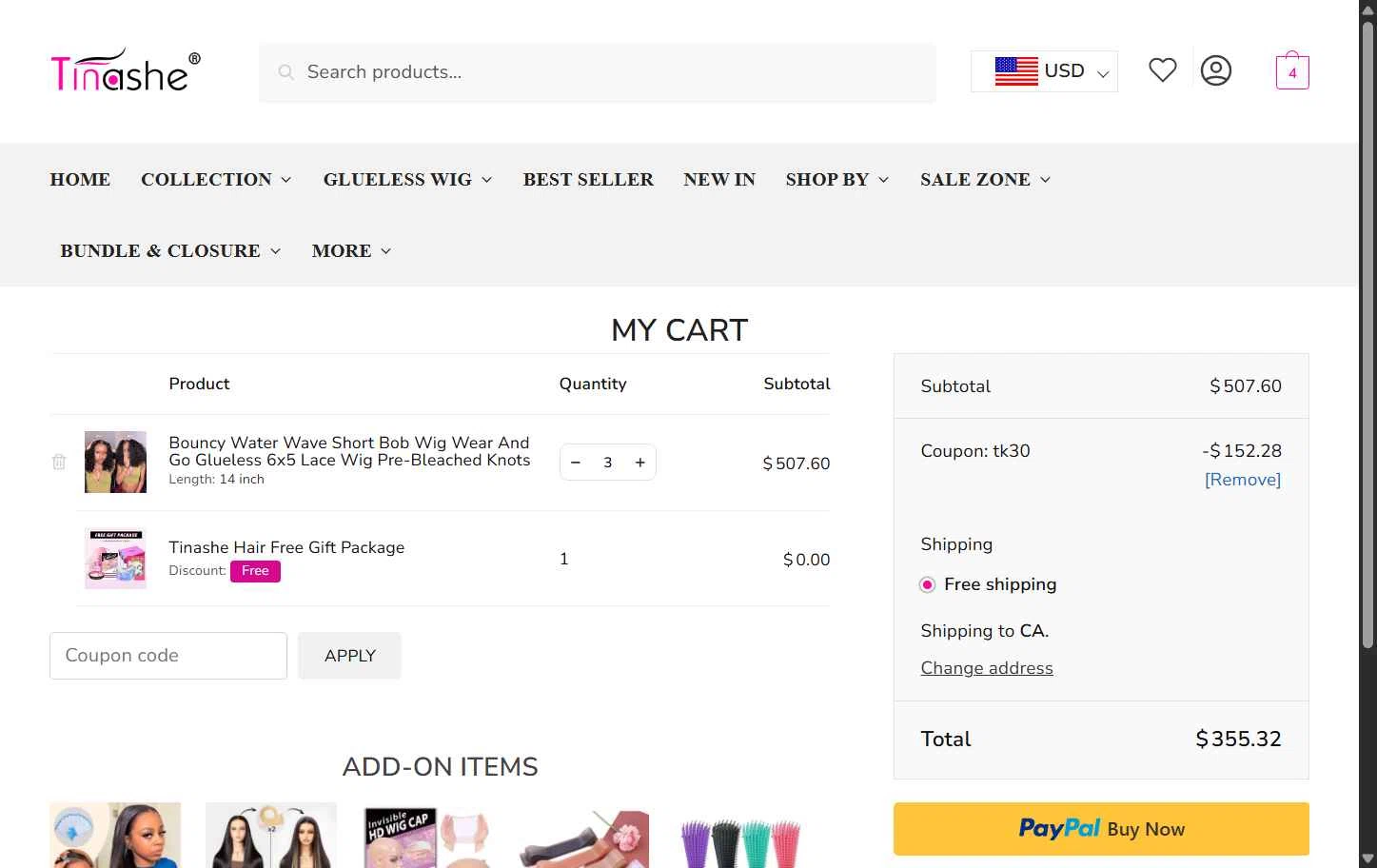 Tinashehair checkout page showing Tinashehair promo code box | Screenshot taken by SimplyCodes community member on Oct 21, 2025