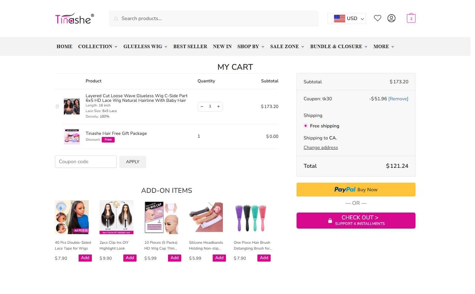 Tinashehair checkout page showing Tinashehair promo code box | Screenshot taken by SimplyCodes community member on Dec 20, 2025