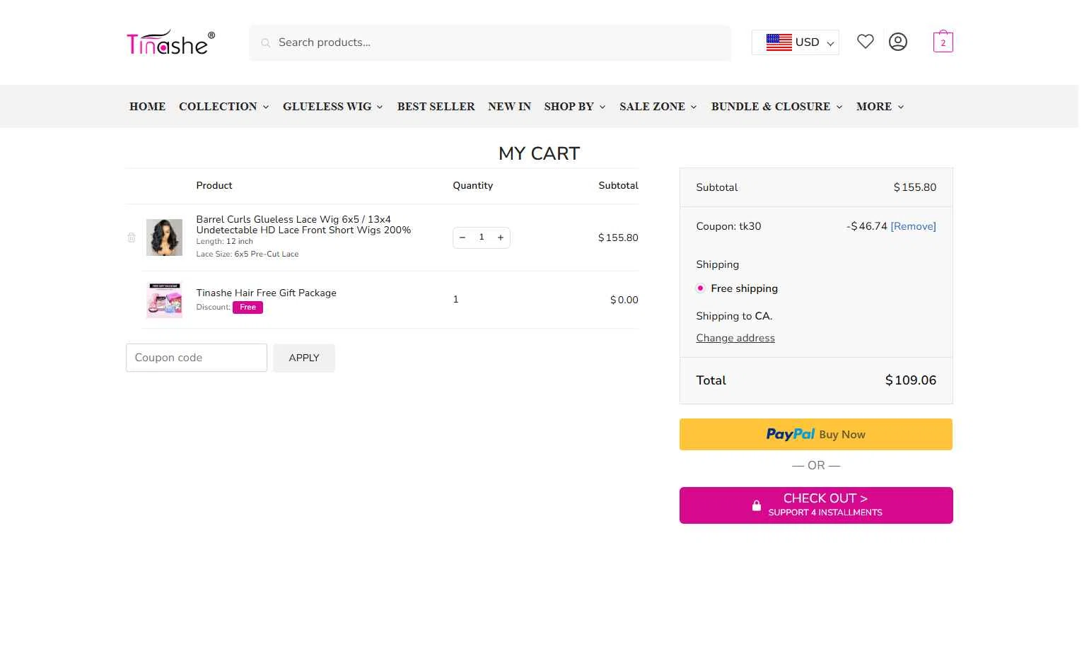 Tinashehair checkout page showing Tinashehair promo code box | Screenshot taken by SimplyCodes community member on Feb 1, 2026