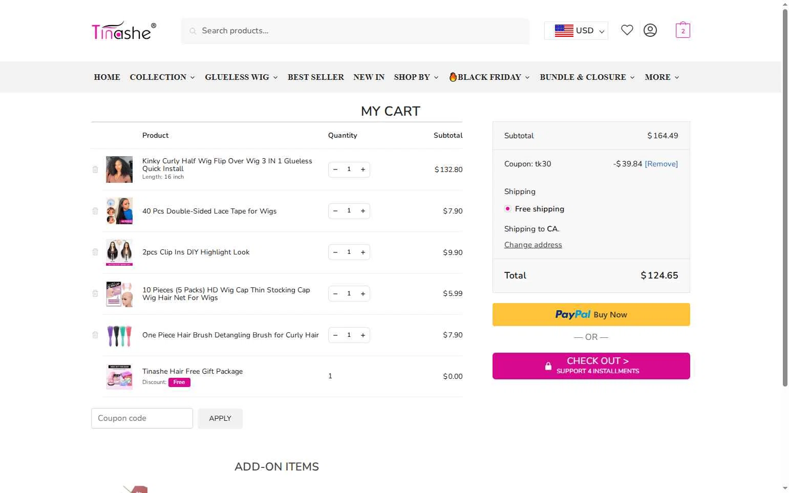 Tinashehair checkout page showing Tinashehair promo code box | Screenshot taken by SimplyCodes community member on Nov 21, 2025