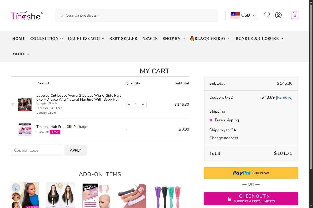 Tinashehair checkout page showing Tinashehair promo code box | Screenshot taken by SimplyCodes community member on Nov 21, 2025