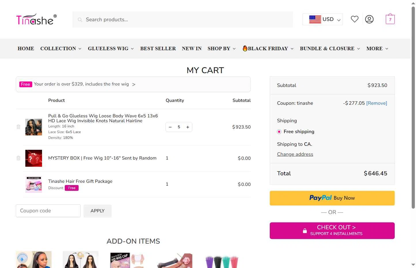 Tinashehair checkout page showing Tinashehair promo code box | Screenshot taken by SimplyCodes community member on Nov 19, 2025