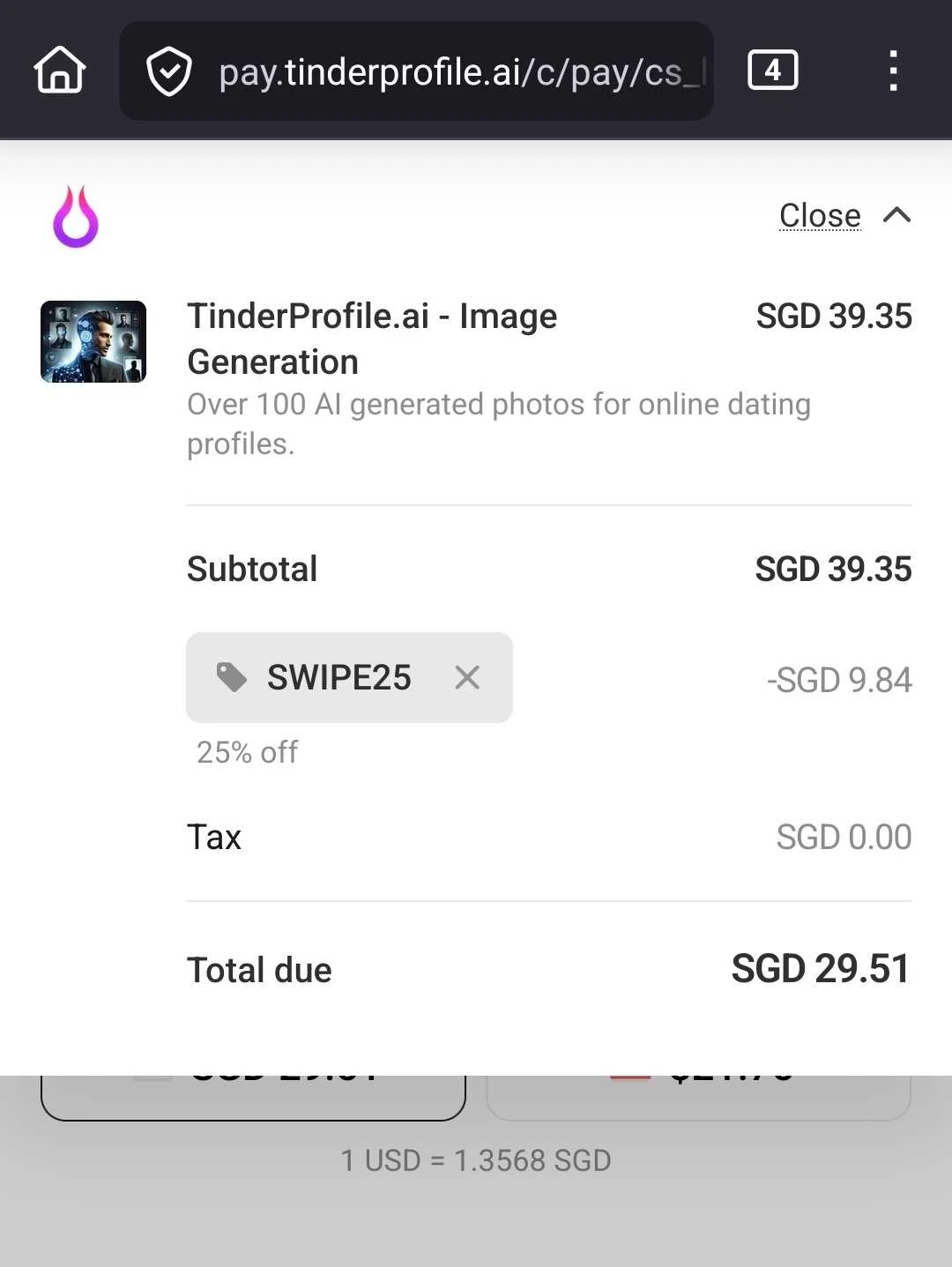 TinderProfile.AI promo code screenshot showing code SWIPE25 applied at TinderProfile.AI checkout page. Uploaded by SimplyCodes community member DealTracker1779 on Nov 6, 2025