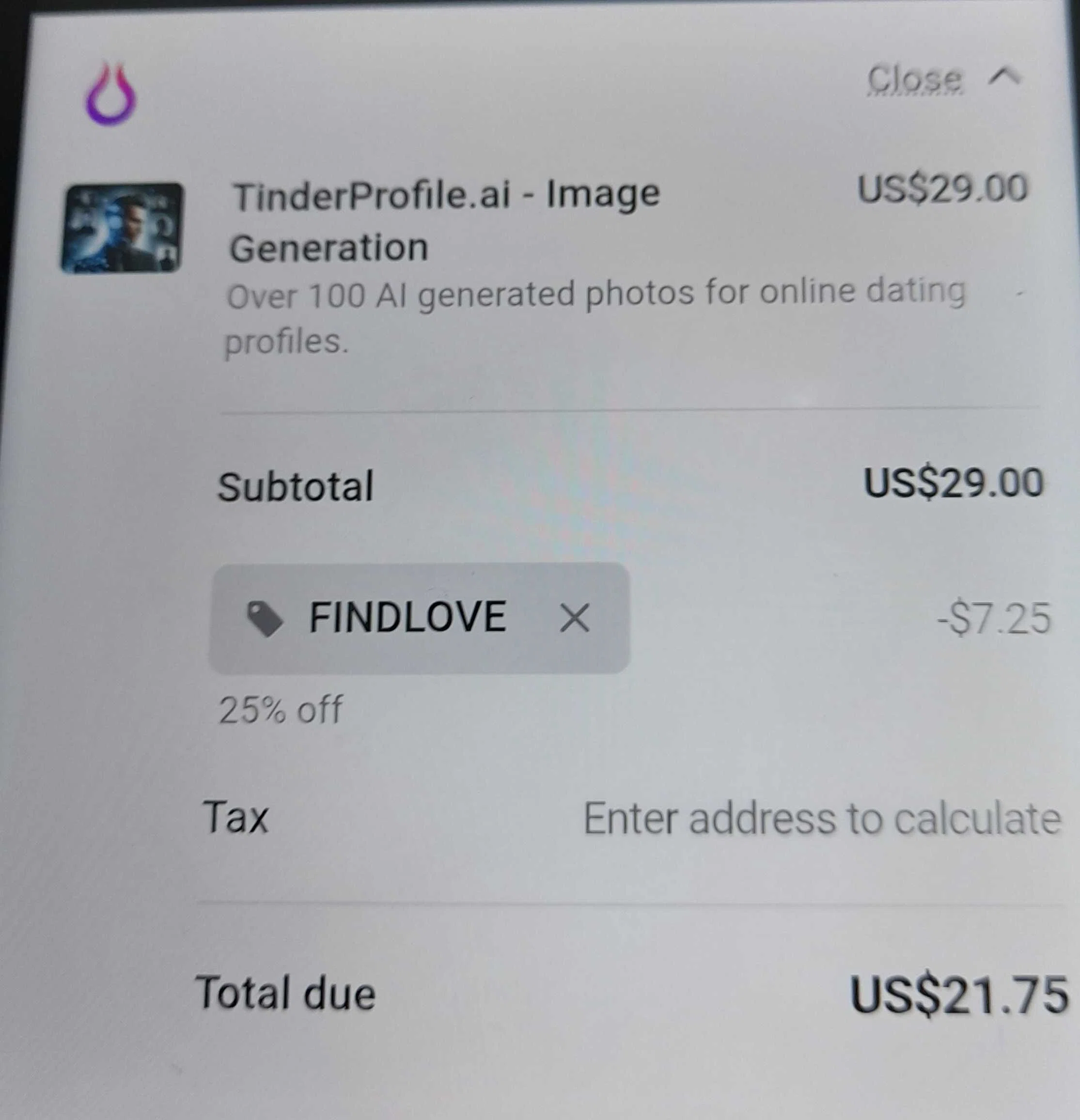 TinderProfile.AI promo code screenshot showing code FINDLOVE applied at TinderProfile.AI checkout page. Uploaded by SimplyCodes community member Celebrity on Oct 23, 2025