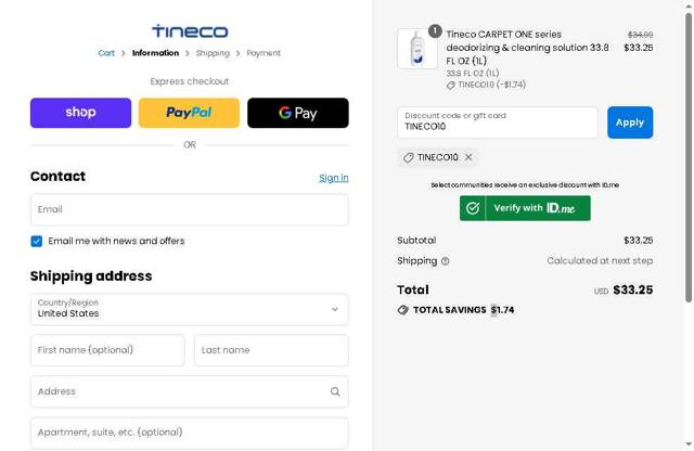 Tineco US checkout page showing Tineco US promo code box | Screenshot taken by SimplyCodes community member on Sep 13, 2025