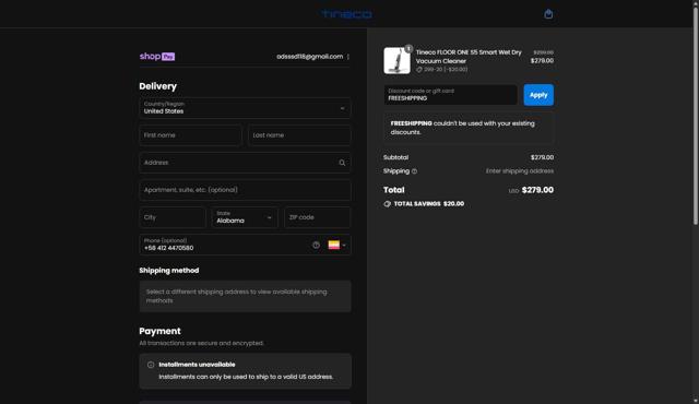 Tineco US checkout page showing Tineco US promo code box | Screenshot taken by SimplyCodes community member on Aug 20, 2025
