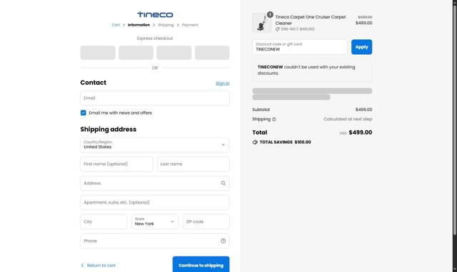 Tineco US checkout page showing Tineco US promo code box | Screenshot taken by SimplyCodes community member on Sep 13, 2025