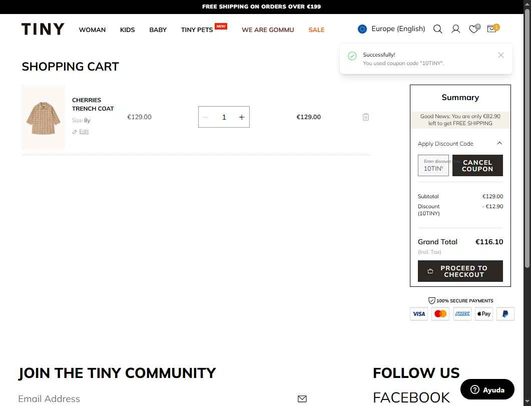 TinyCottons checkout page showing TinyCottons coupon code box | Screenshot taken by SimplyCodes community member on Jan 31, 2026
