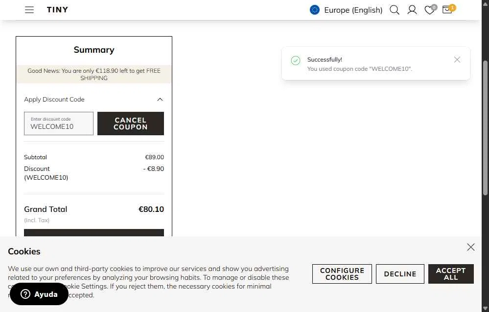 TinyCottons checkout page showing TinyCottons coupon code box | Screenshot taken by SimplyCodes community member on Oct 19, 2025