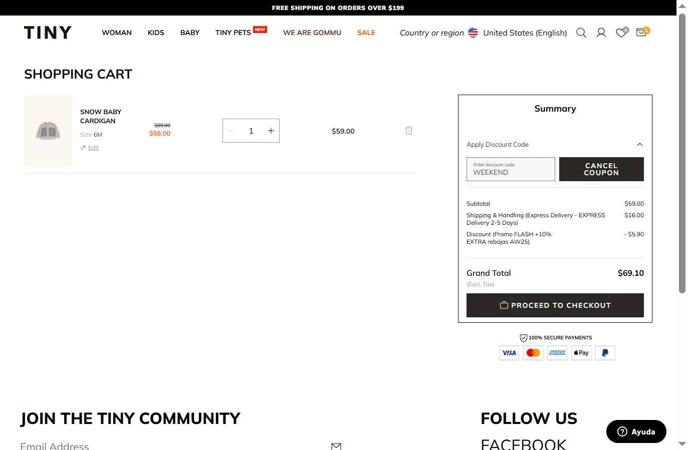 TinyCottons checkout page showing TinyCottons coupon code box | Screenshot taken by SimplyCodes community member on Jan 24, 2026