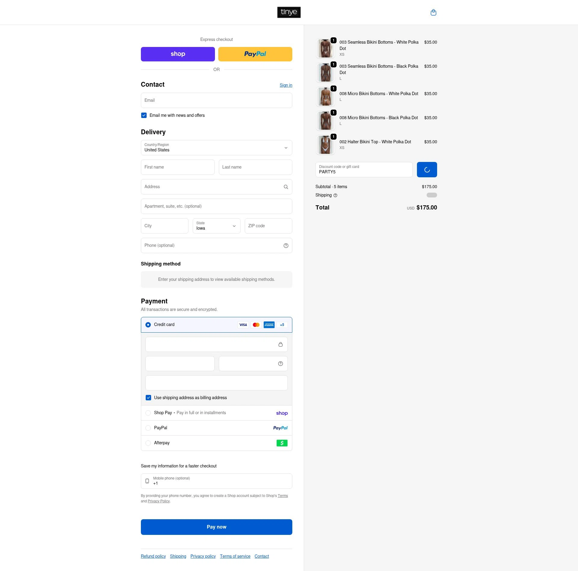 Tinye Swimwear checkout page showing Tinye Swimwear discount code box | Screenshot taken by SimplyCodes community member on Feb 8, 2026