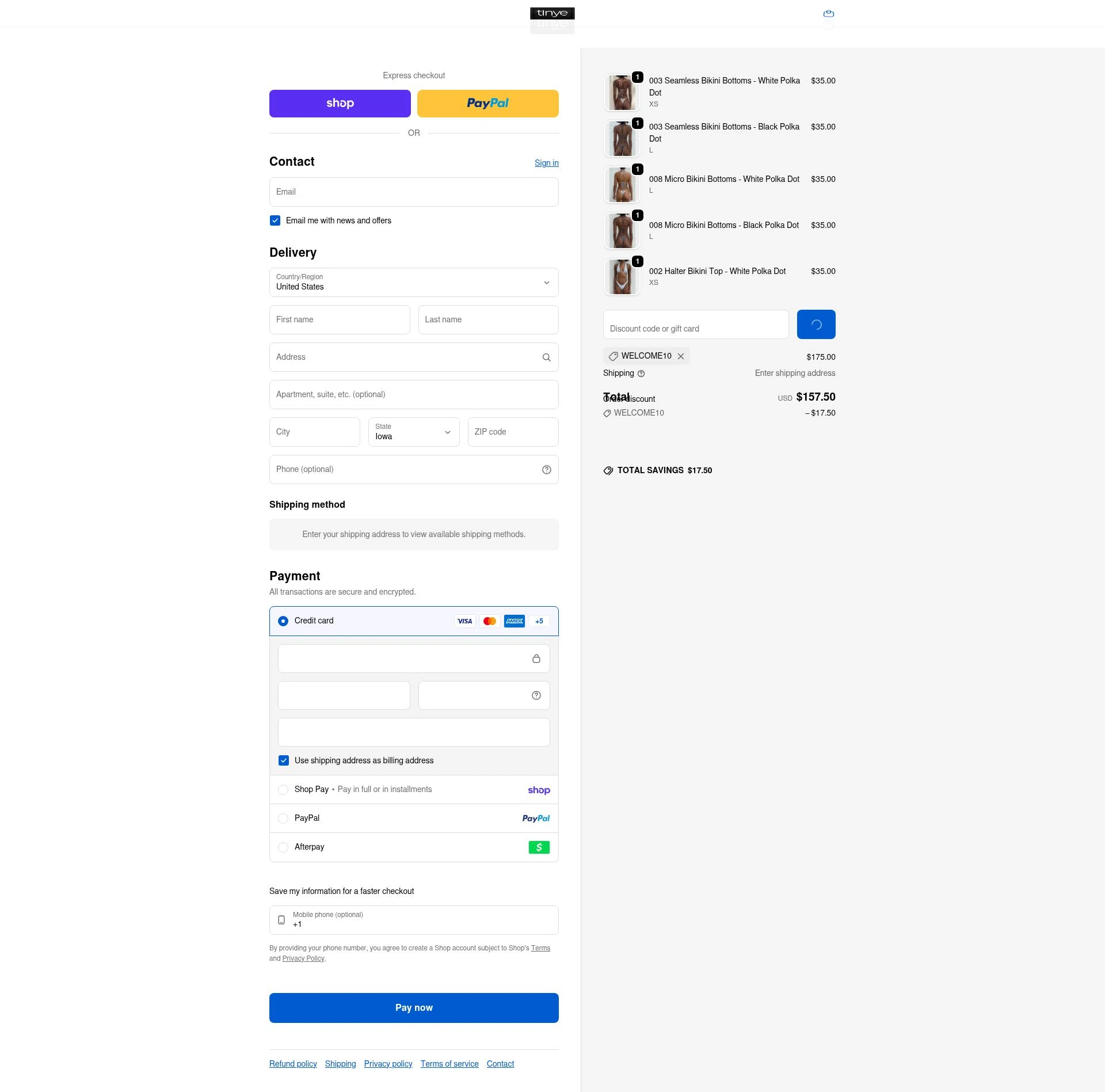 Tinye Swimwear checkout page showing Tinye Swimwear discount code box | Screenshot taken by SimplyCodes community member on Feb 8, 2026