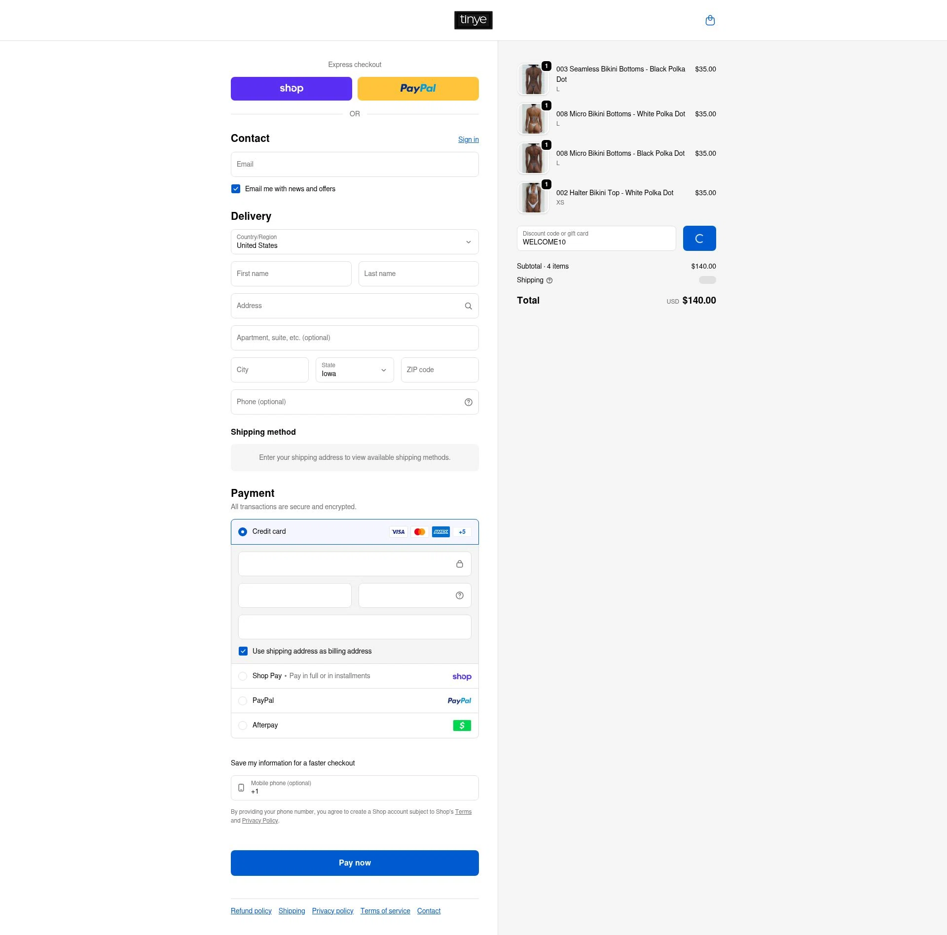 Tinye Swimwear checkout page showing Tinye Swimwear discount code box | Screenshot taken by SimplyCodes community member on Jan 30, 2026