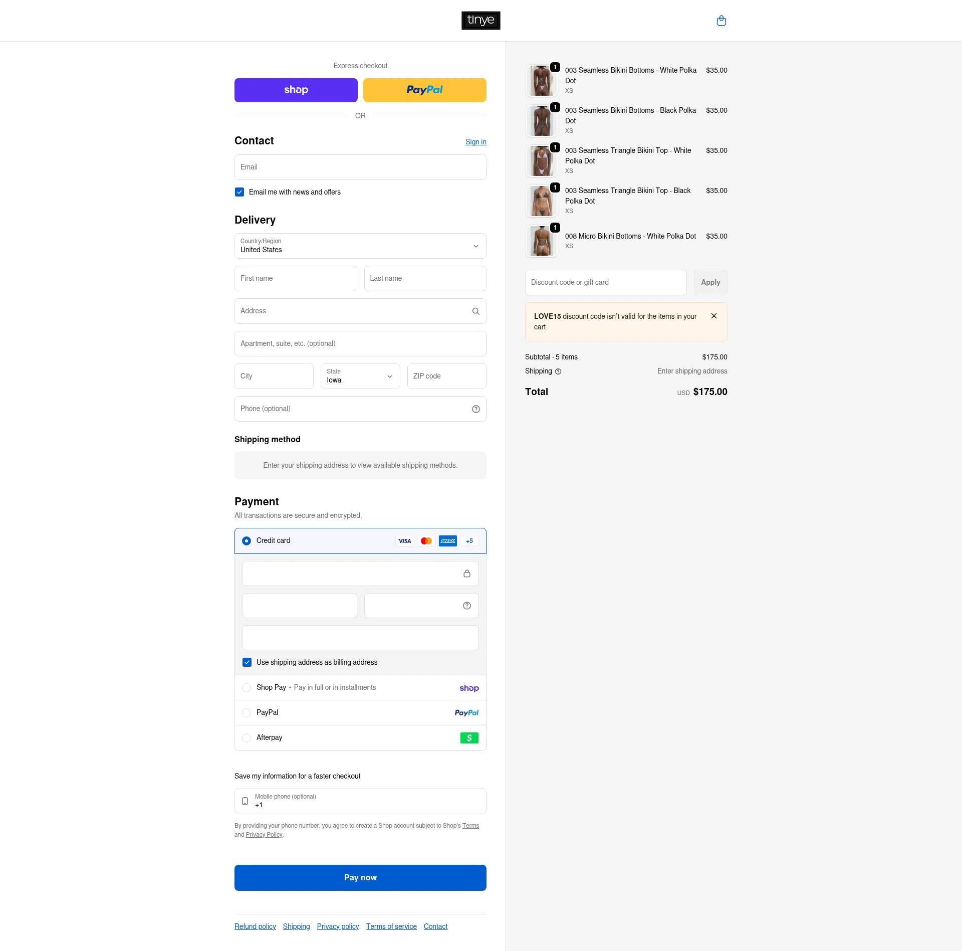 Tinye Swimwear checkout page showing Tinye Swimwear discount code box | Screenshot taken by SimplyCodes community member on Feb 12, 2026