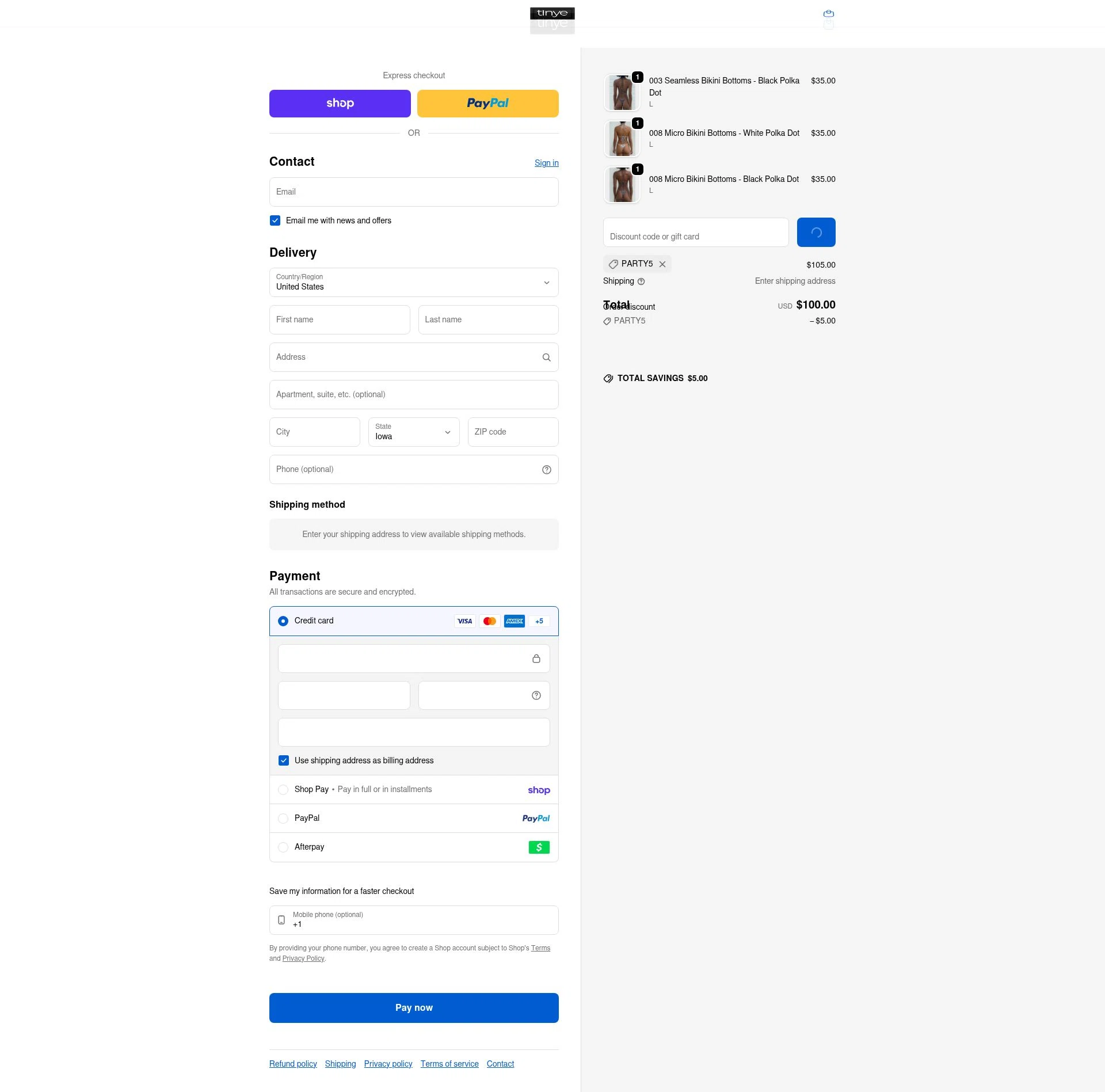 Tinye Swimwear checkout page showing Tinye Swimwear discount code box | Screenshot taken by SimplyCodes community member on Feb 4, 2026