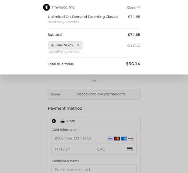 Tinyhood checkout page showing Tinyhood promo code box | Screenshot taken by SimplyCodes community member on Aug 23, 2025