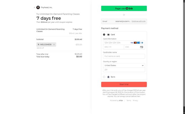 Tinyhood checkout page showing Tinyhood promo code box | Screenshot taken by SimplyCodes community member on Aug 20, 2025