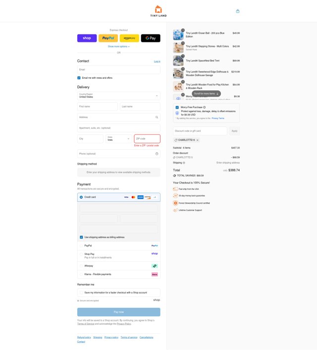 Tiny Land checkout page showing Tiny Land discount code box | Screenshot taken by SimplyCodes community member on Sep 7, 2025