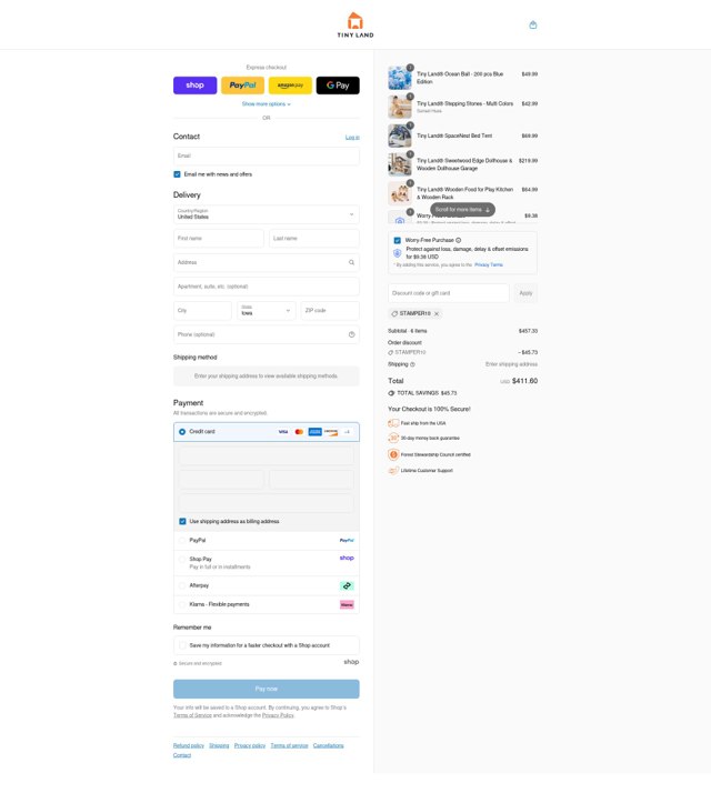 Tiny Land checkout page showing Tiny Land discount code box | Screenshot taken by SimplyCodes community member on Sep 7, 2025