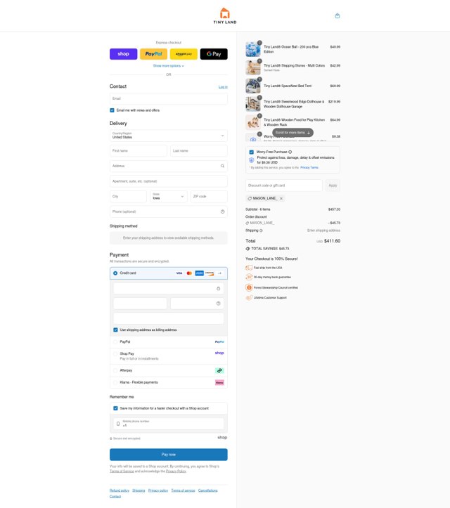 Tiny Land checkout page showing Tiny Land discount code box | Screenshot taken by SimplyCodes community member on Sep 7, 2025