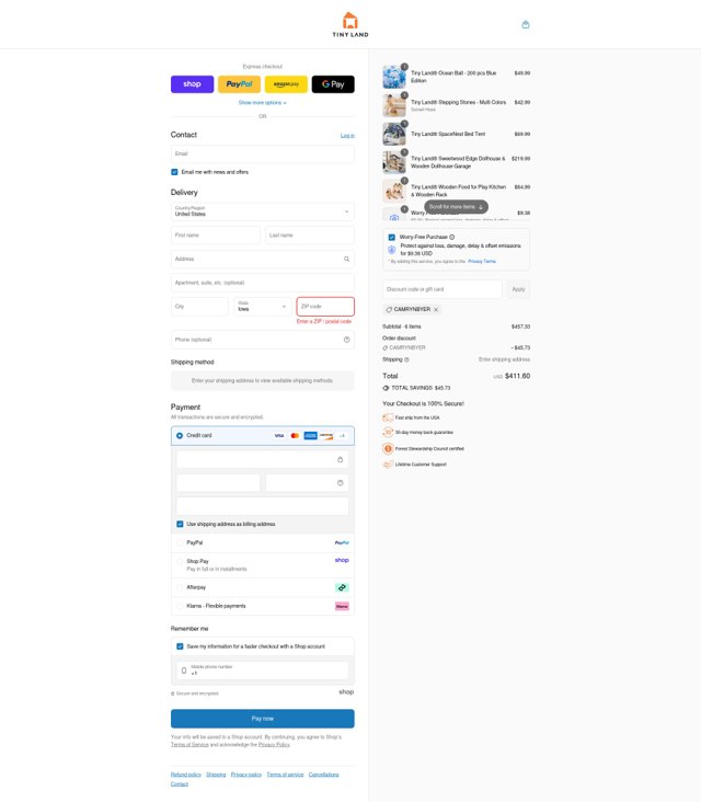 Tiny Land checkout page showing Tiny Land discount code box | Screenshot taken by SimplyCodes community member on Sep 7, 2025