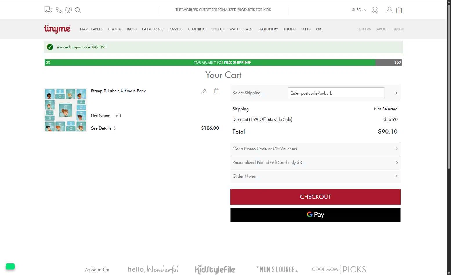 TinyMe checkout page showing TinyMe promo code box | Screenshot taken by SimplyCodes community member on Jul 29, 2025