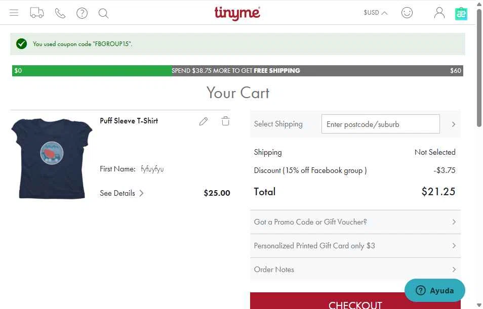TinyMe checkout page showing TinyMe promo code box | Screenshot taken by SimplyCodes community member on Aug 1, 2025